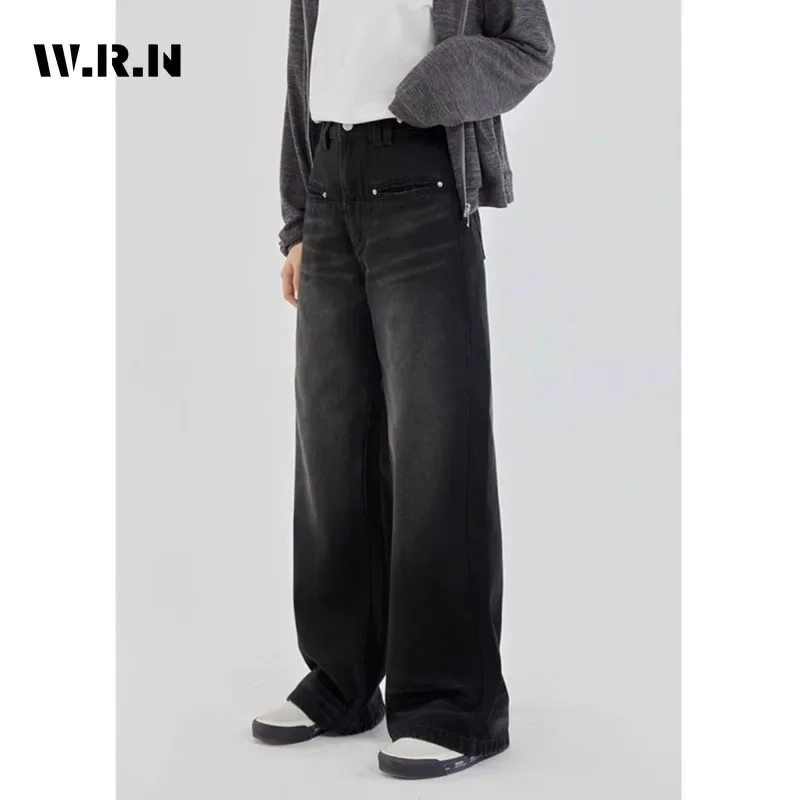 

Vintage Casual High Street Style Pants High Waist Solid Straight Jeans American Retro Women's Wide Leg Baggy Y2K Denim Trouser