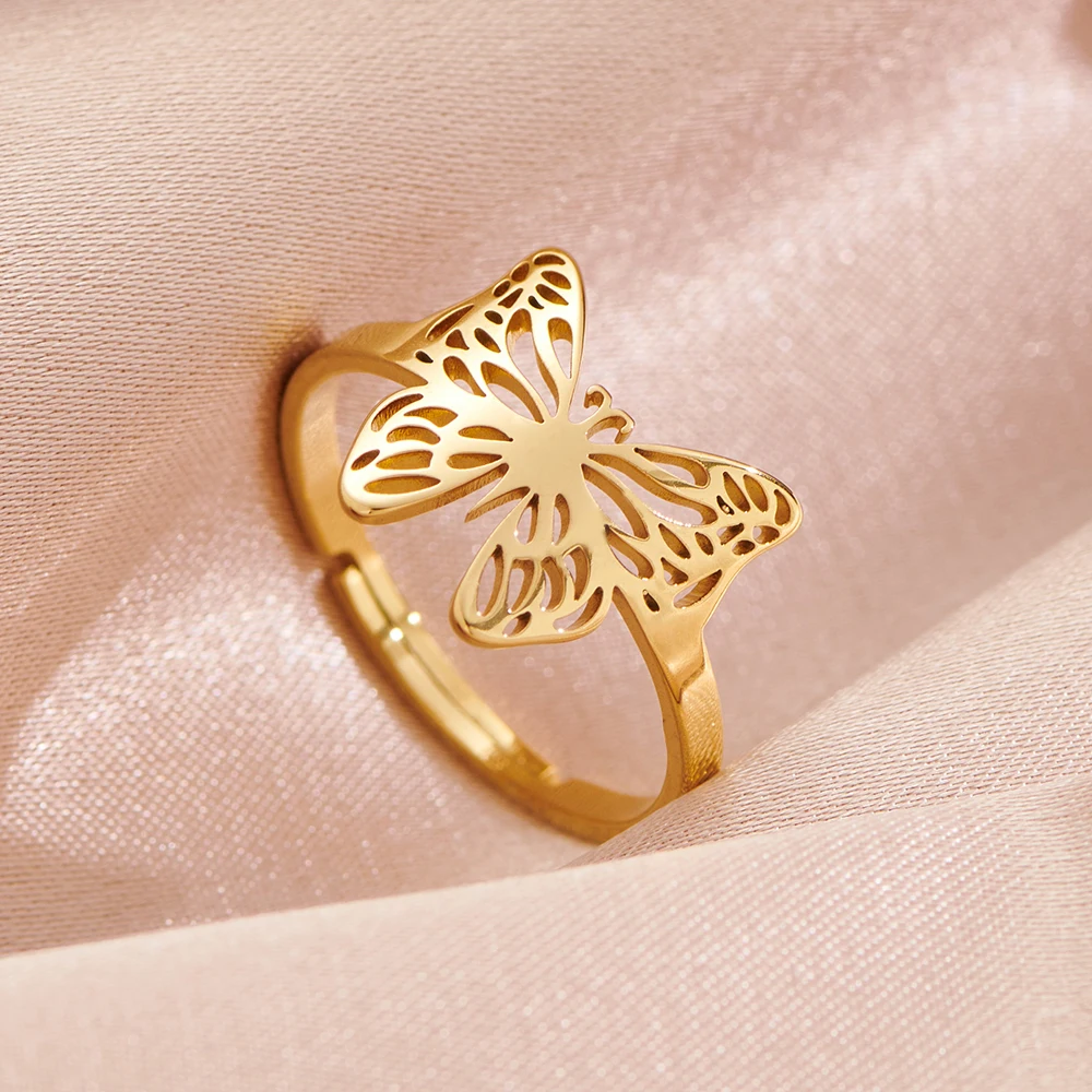 Aesthetic Butterfly Animal Couple Ring For Lovers Wholesaler Stainless Steel Gold Plated Open Ring Luxury Quality Jewelry