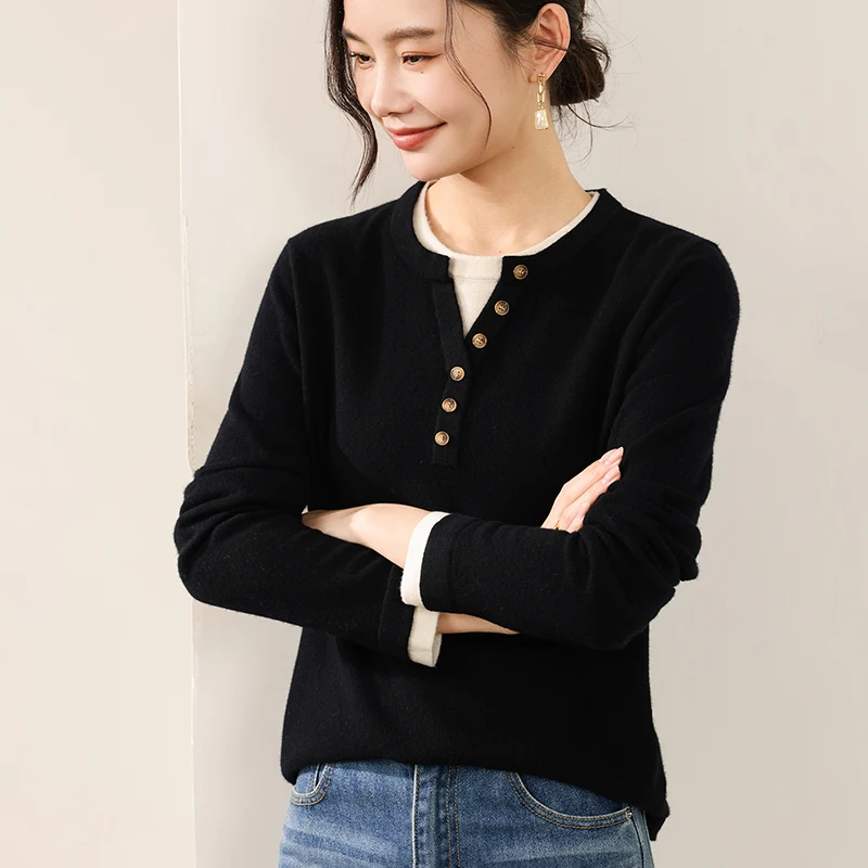 Outono inverno 100% lã camisola de manga comprida pulôver falso de duas peças moda casual feminino malhas minimalista lazer topo