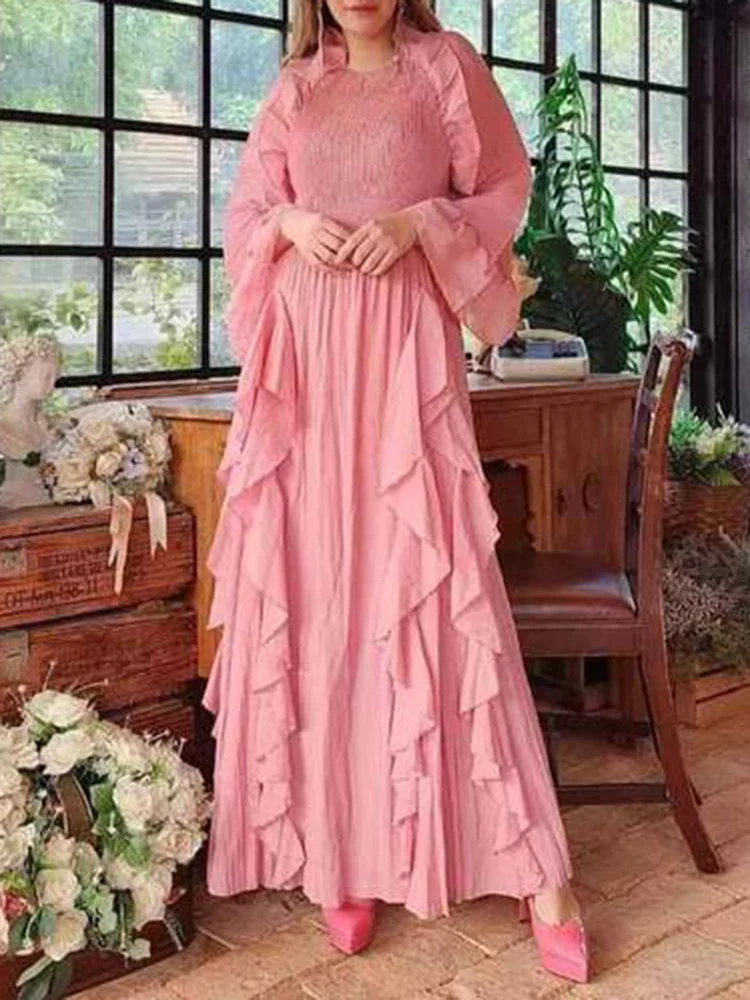 LANMREM Fashion Pleated Dress For Women Ruffles Long Sleeves Maxi Elegant Party Dresses With Belt 2023 Autumn New 2DA1710