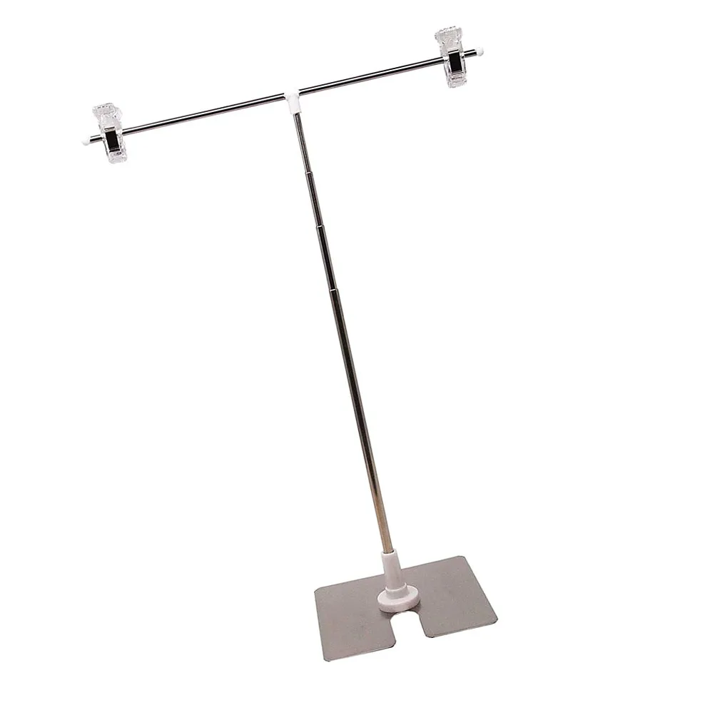 T-Shaped Stainless Steel Height Adjustable Poster Stand Silver with Clips Multipurpose Advertising Sign Holder for Indoor