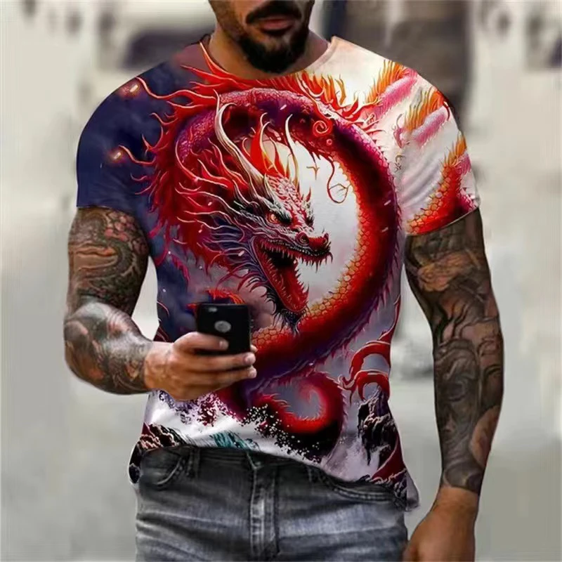 Summer New Style Dragon Dominance Pattern 3D Print Short Sleeve Men's Teenage T-Shirt round Neck Personalized Polyester Fiber