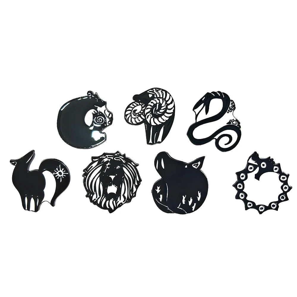 7-teiliges Anime-Broschen-Set „Die sieben Todsünden“ mit Meliodas und Elizabeth Liones, Cartoon-Abzeichen, Anstecknadeln, Rucksack- und Taschenornament, Accessoire