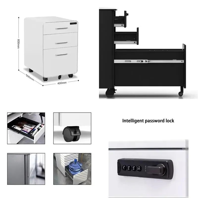 Modern 3 Drawer Steel Mobile File Cabinet with Combination Lock A4 F4 Metal Storage Locker for Office School Workshop Gym
