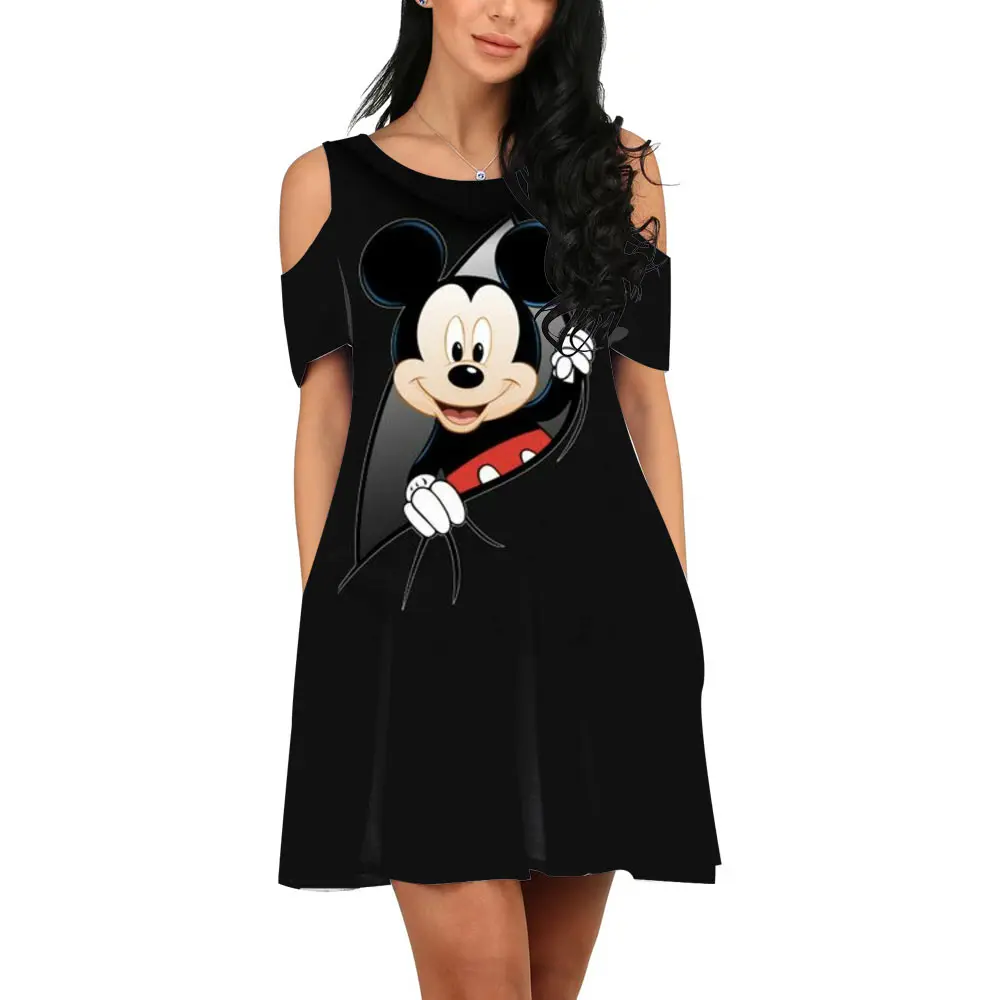 

Summer New Elegant Sexy Off-the-shoulder Korean Slim Dress Nightclub Party Disney Brand Print Mickey and Minnie Mouse Pattern