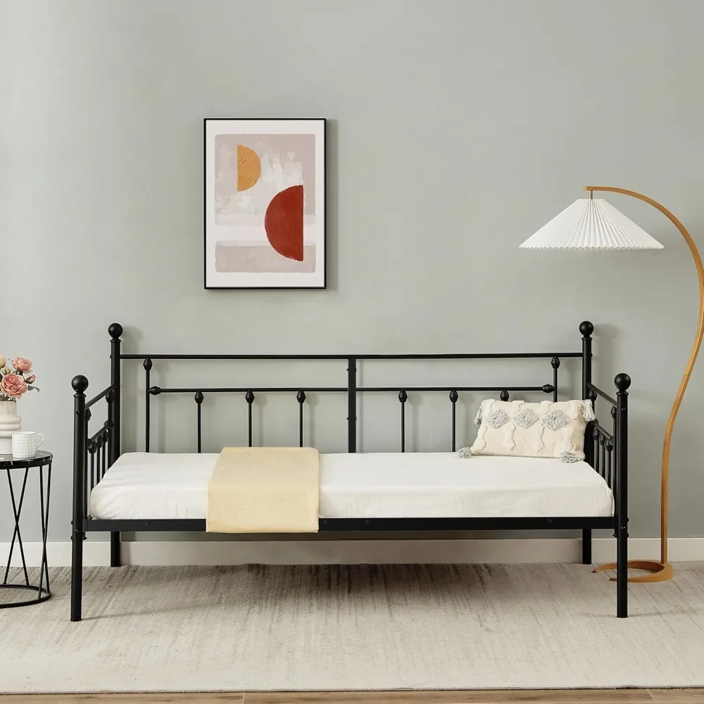 سرير نهاري معدني مزدوج الحجم مع لوح رأسي، وسرير أريكة بمنصة لغرفة المعيشة أو غرفة الضيوف، ودعم شرائح فولاذية شديدة التحمل #3