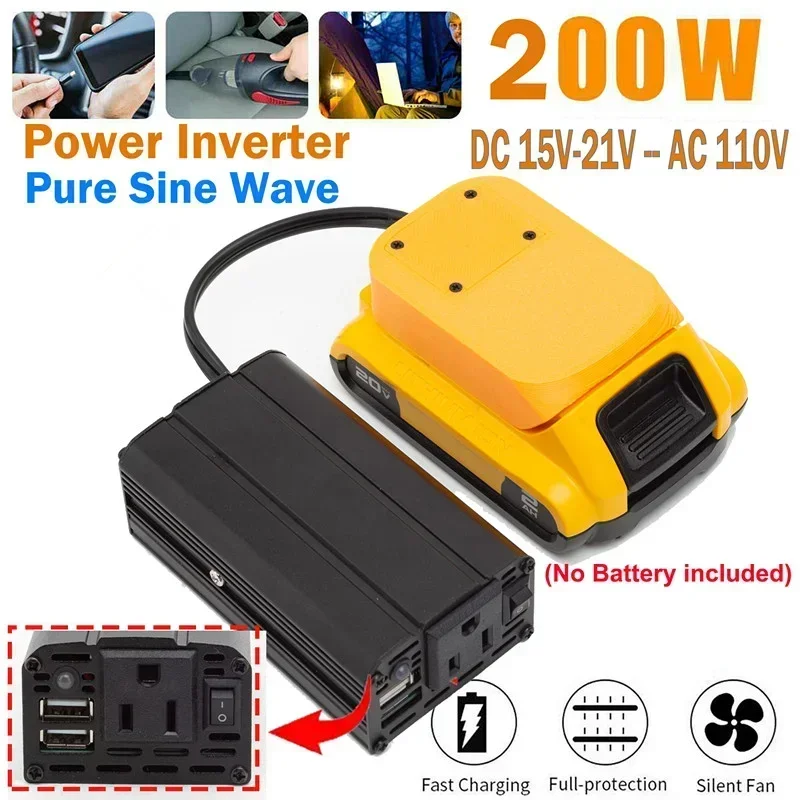 Inversor de fuente de alimentación portátil de 200W, Compatible con batería de litio Dewalt de 20V, CC de 20V, potencia inalámbrica confiable y