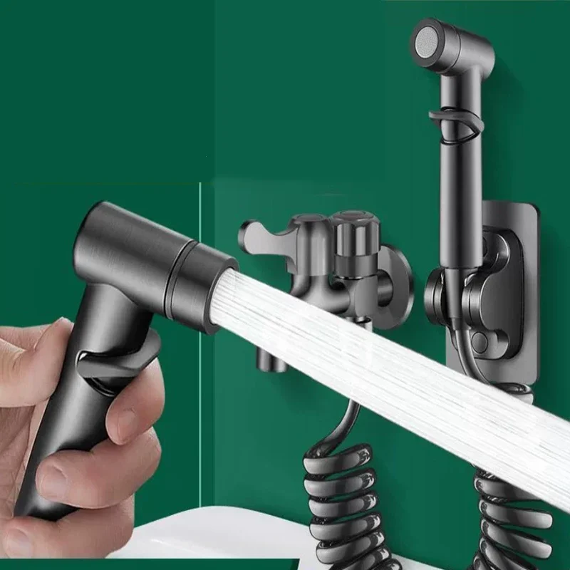 One In Two Out Water Cleaning Sprayer for Bathroom Toilet Accessories Brass Angle Valve Wall Mount Toilet Bidet Sprayer Set