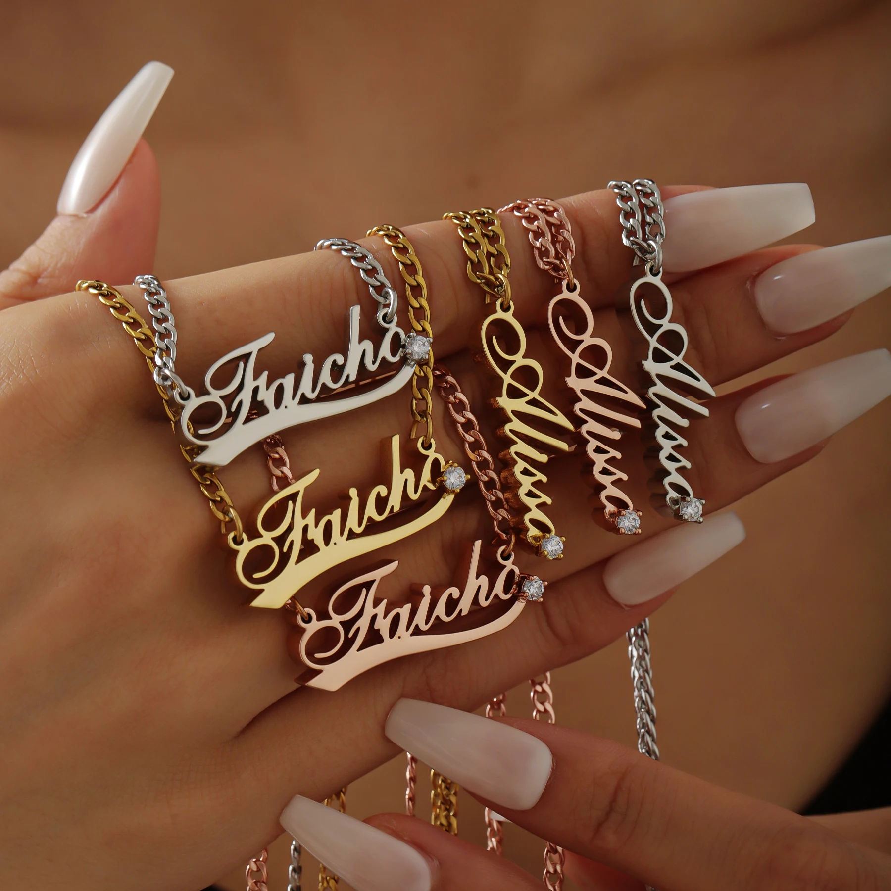 

4mm Thick Custom Name Necklace with Large Zircon Horizontal or Vertical Style Personalized Statement Jewelry 18K Gold Plated