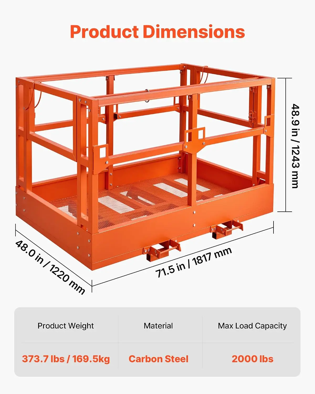 VEVOR Mesh Telehandler Work Platform, 48 x 71.5 Inch Man Safety Basket, 2000 lbs Capacity Forklift Telehandler Attachment, Safet