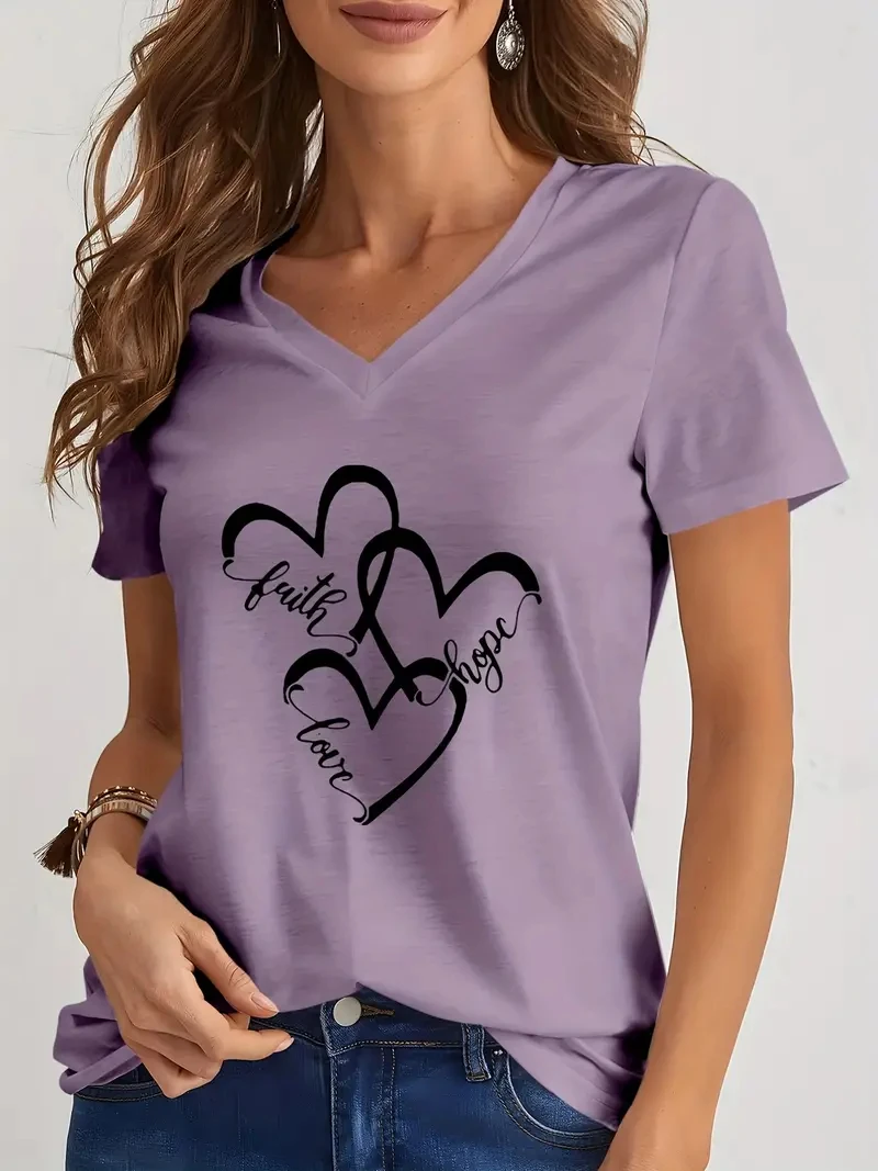 Funny Love 3D Print Women's T-Shirts Fashion V-neck Short Sleeve Tops Daily Casual Girl T shirt Summer Loose Tee Ladies Clothing view 3