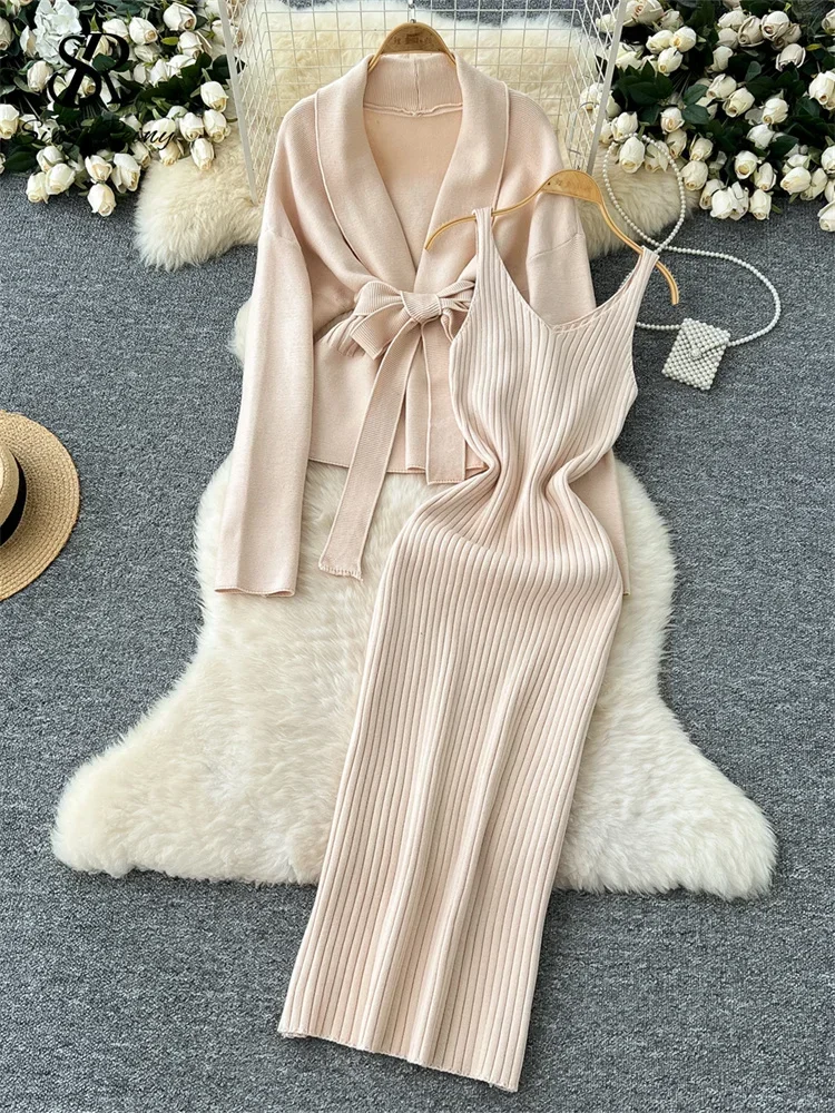 Autumn Fashion Warm Knitted Sets 2024 Lace Up Slim Cardigan+Sling Sexy Long Dress Ladies Bodycon Solid Sweater Suits