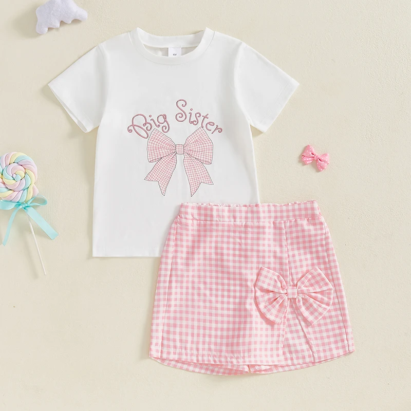 Listenwind Toddler Little Girl Shorts Set Bow Letter Short Sleeve T-shirt Plaid Elastic Waist Skorts 2 Piece Summer Outfit