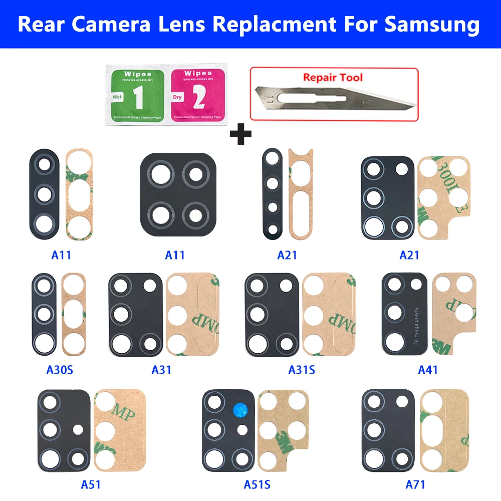 Back Rear Camera Glass Lens For Samsung A71 A51 A51S A41 A31S A31 A30S A21S A21 A12 A11 Camera Glass Lens + Adhesive Repair Tool