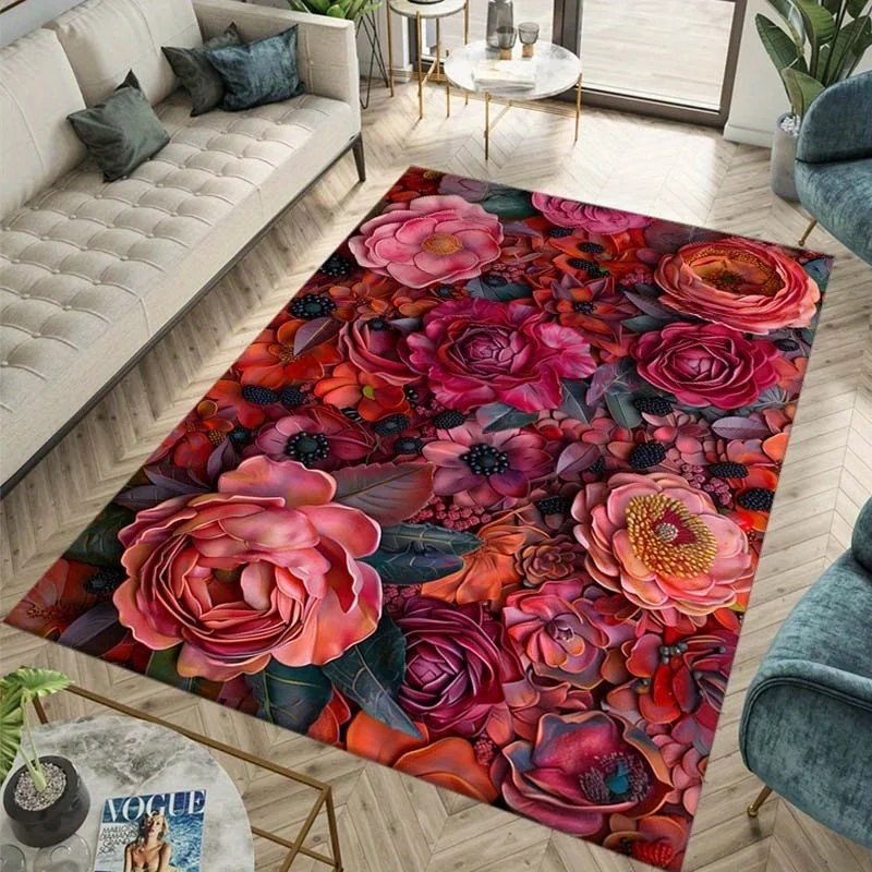 Dark Background Pink White Peony Painting Floral Print Large Area Rug Soft Flannel Non Slip Floor Carpet for Living Room Decor