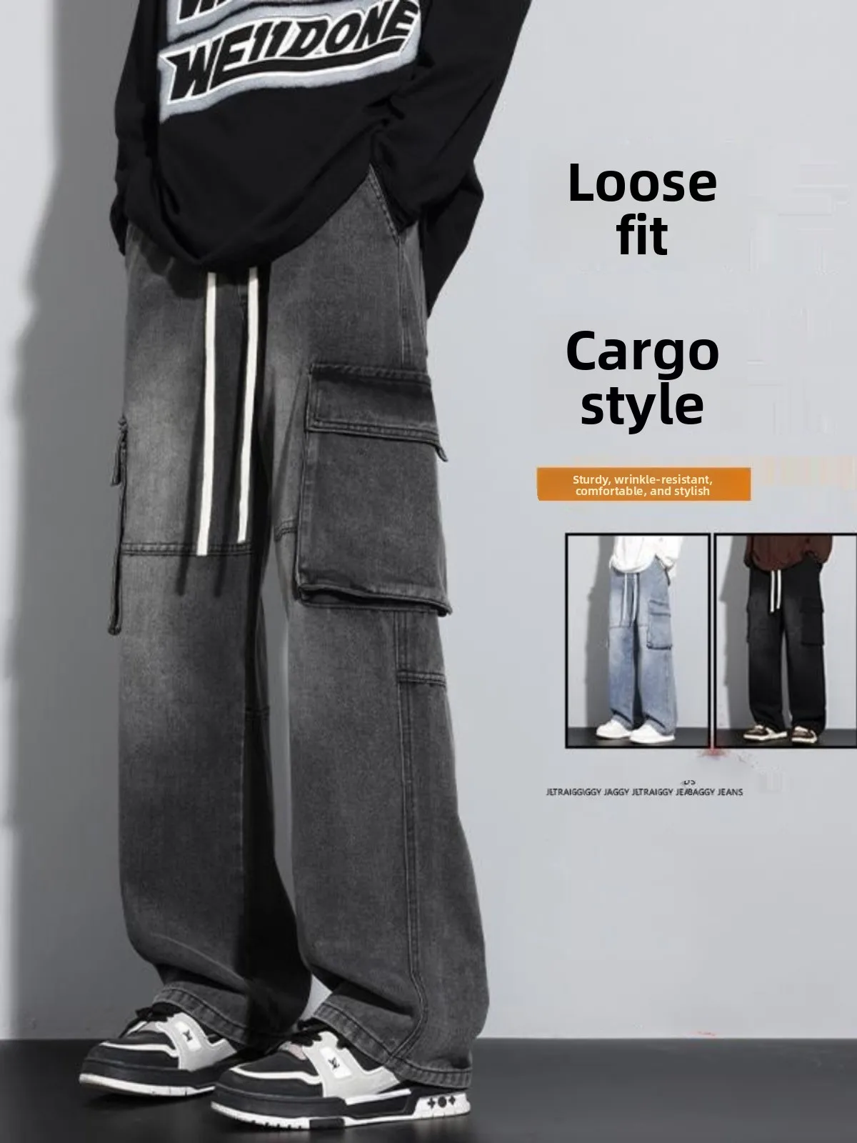 

Men's Workwear Fleece Lined Thick Wide Leg Jeans Autumn Winter Loose Straight Cut Trousers Casual Youthful Style Cotton Blend