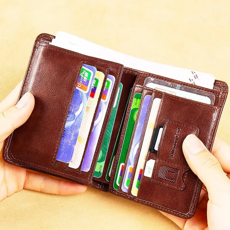 Men's Genuine Leather Wallet Large Capacity RFID Anti theft Brush Three Fold Fashion Card Bag with Photo Position