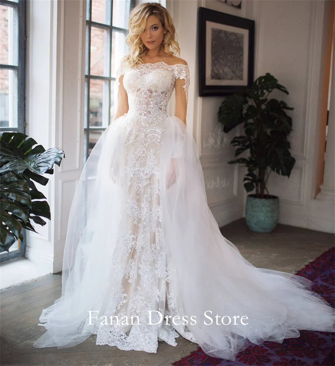 

Fanan Elegant Off the Shoulder Wedding Dress with Detachable Tulle Train Lace Customized Bridal Party Gown Vestidos De Novia