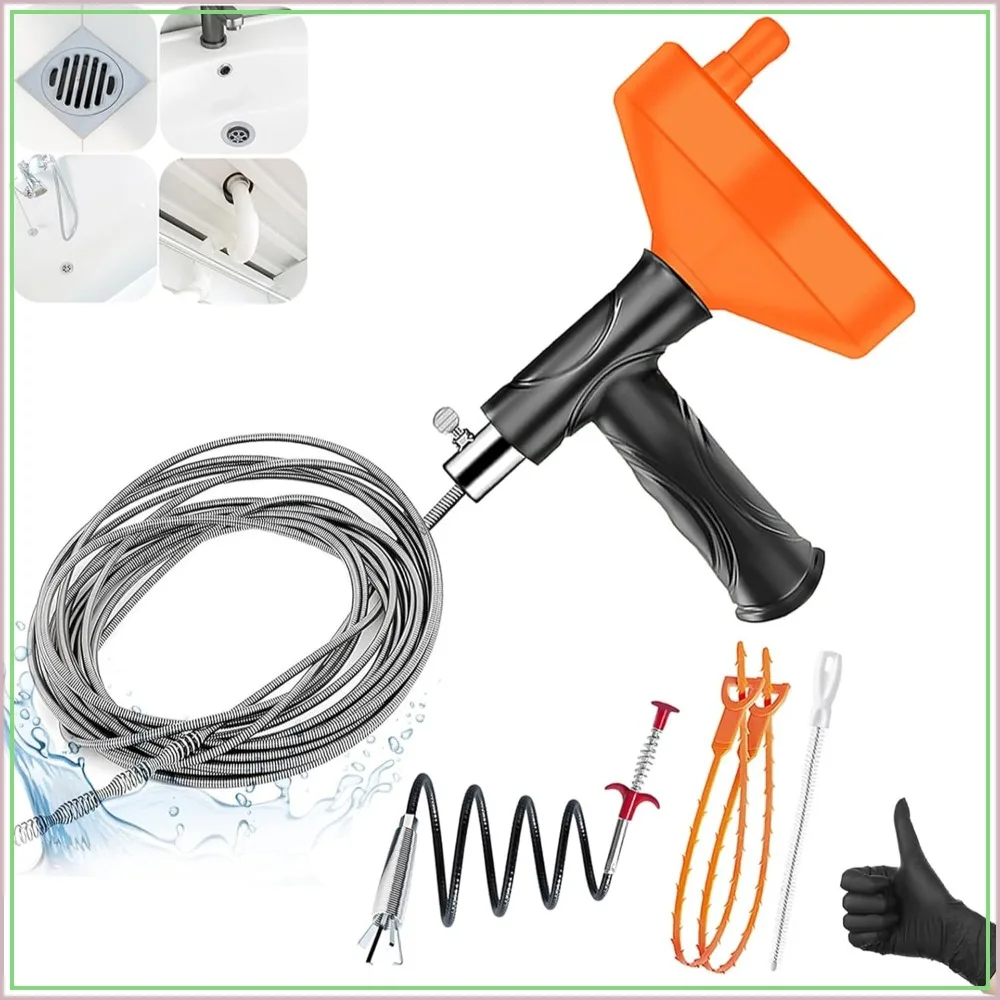 33 FT Drain Snake Auger, Heavy Duty Sink Unclogger for Hair Clog Removal, Bathroom Kitchen Tub Shower Drain Cleaner Tool with Gloves