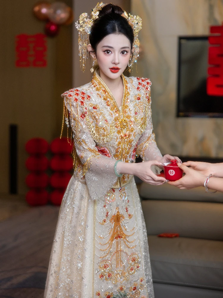 Xiuhe Clothing Wedding Clothes 2025 New Champagne Toast High-Grade Heavy Industry Thin Dress for Women