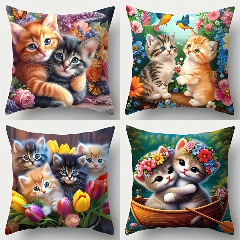 1pc 2D Flat Pillow Not Included Kittens Tulips Flower Basket Cushion Cover Short Plush Cute Kids Decor Gift Case