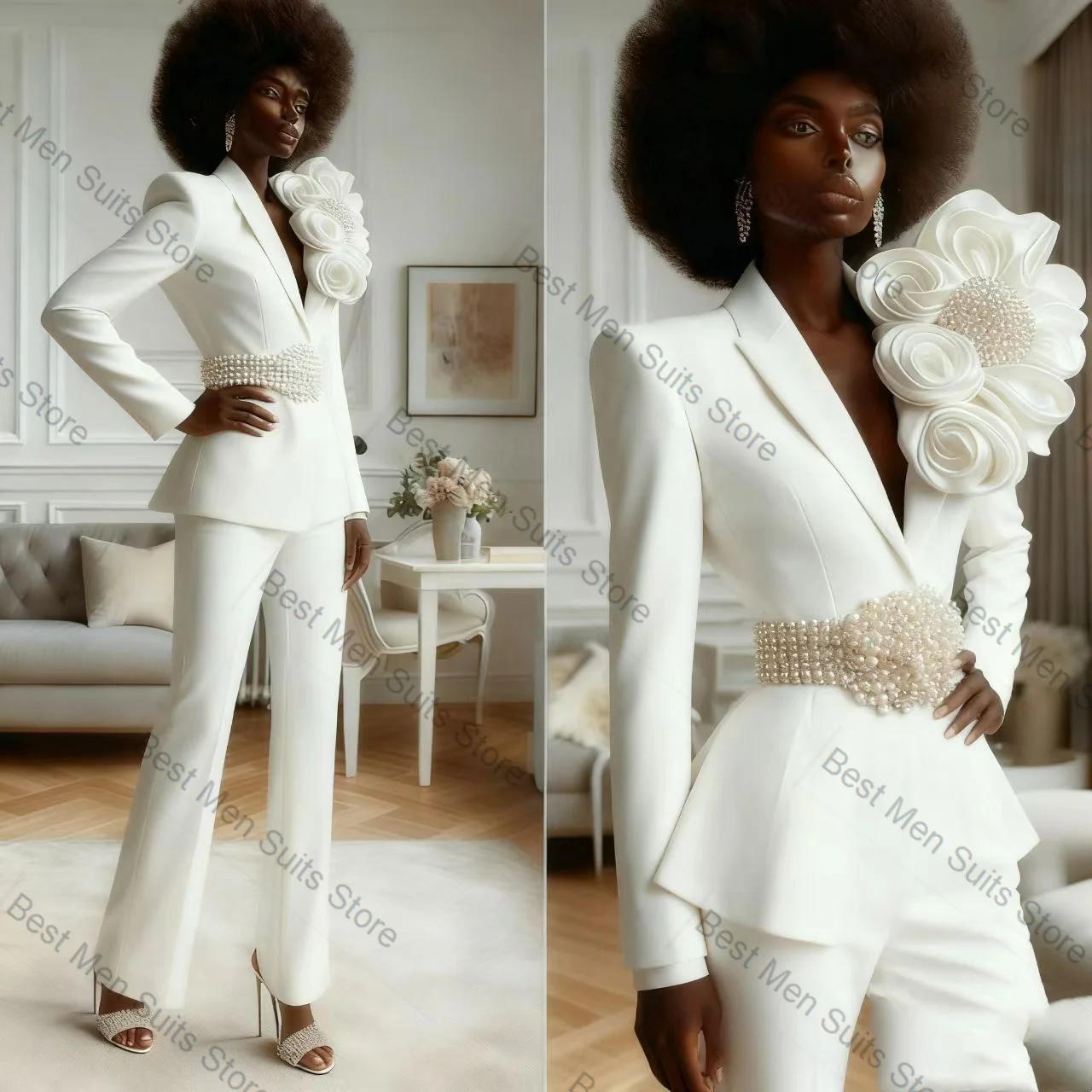 

White Pearls Women Suit Set 2 Pcs Blazer+Pants Trousers Belted 3D Flower Formal Office Jacket Customized Wedding Tuxedo Coat