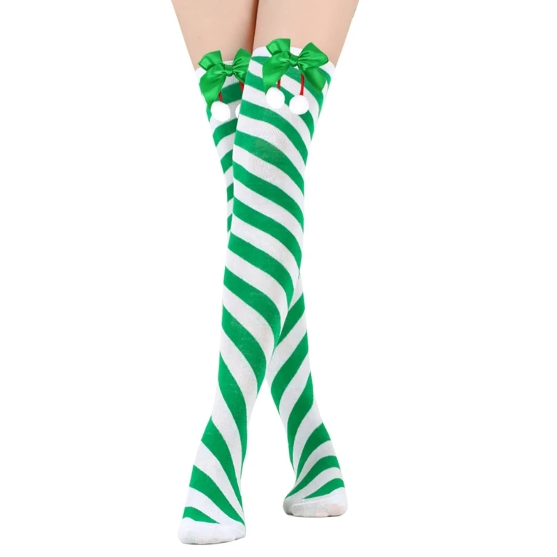 Long Striped Socks Bow Over Knee Thigh High Stockings Christmas Socks for Women Dropship