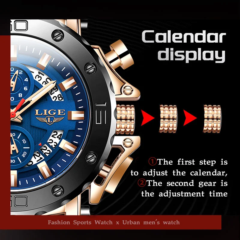LIGE Mens Watch Blue Dial Military Sports Quartz Watches Men Waterproof Fashion Luminous Calendar Man Watch Business Male Clock