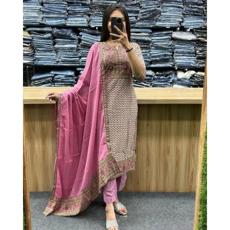 

Pink Color Printed Kurta Palazzo with Dupatta Set Women Salwar Kameez Suit Dress