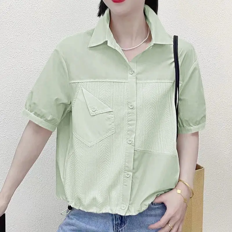 Summer Office Lady Korean Style Loose Casual Women\'s Shirt Open Stitch Solid Color Button Pockets Lapels Short Sleeve Chic Tops