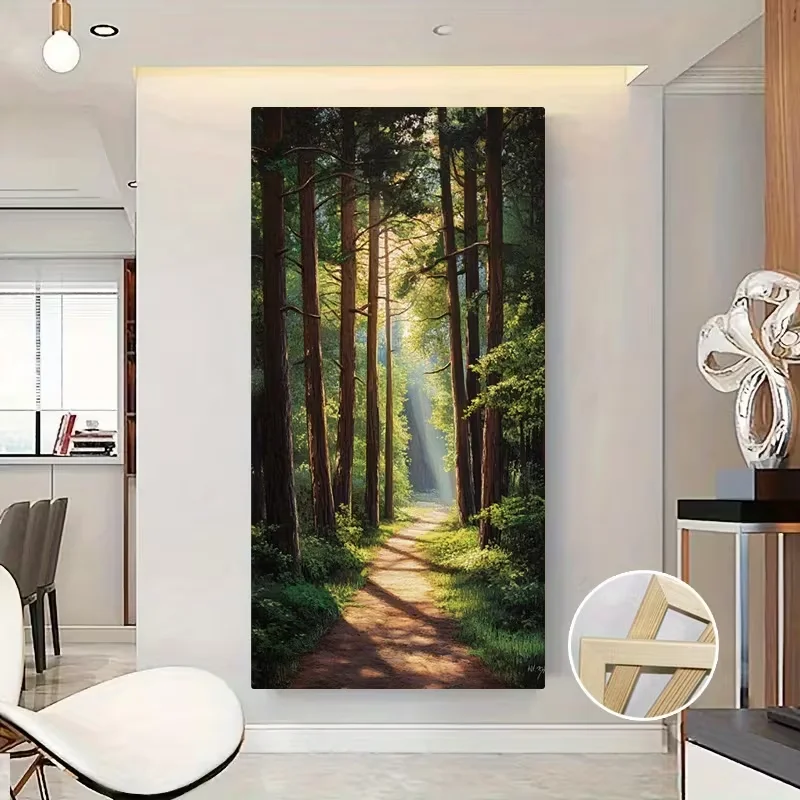 (1PC Unframe)1pc No Framed Forest Path Large Canvas Wall Art - Serene Tall Trees & Sunlight Scene, Tranquil Green Foliage Print,