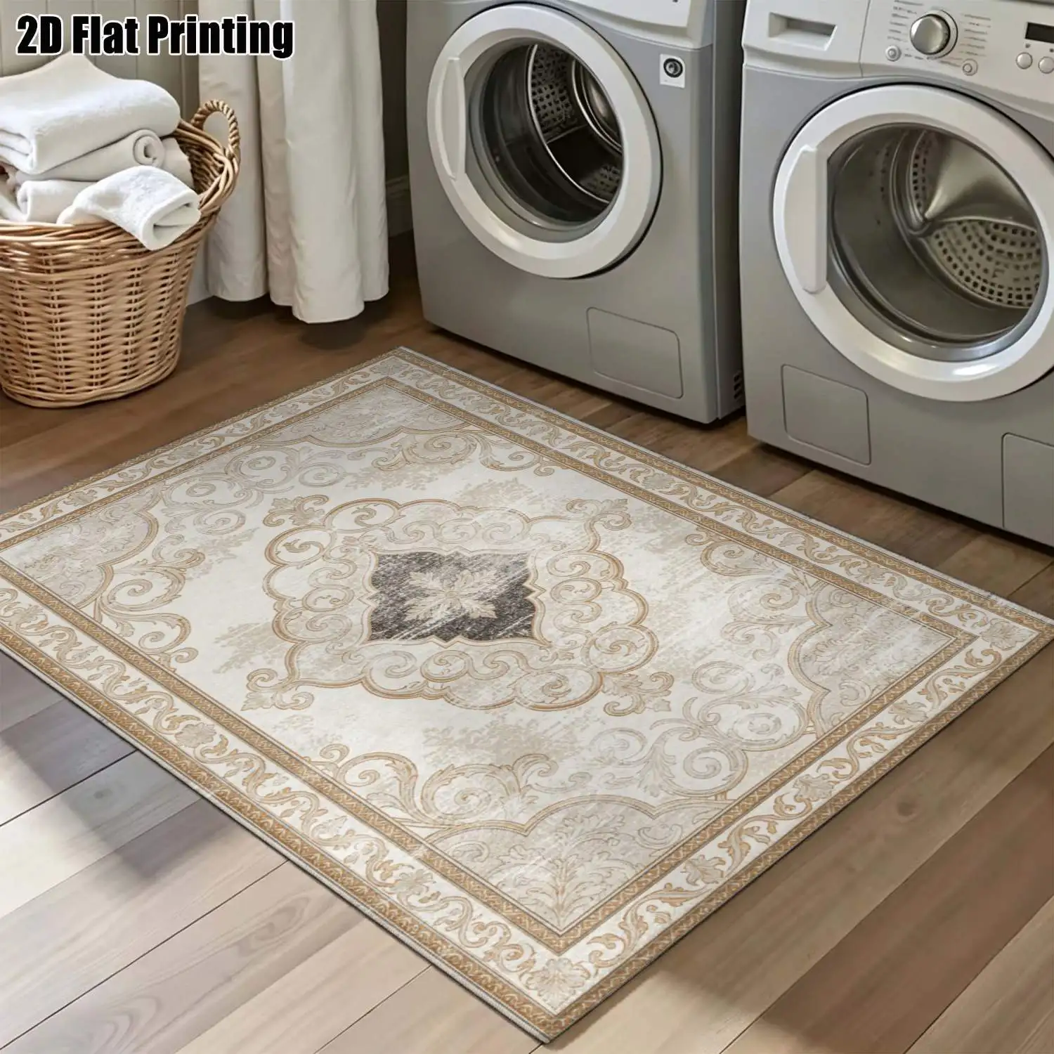 1Pc 2D Printed Retro Beige Geometric European-Style Carpets, Home Decor, Multi-Size, Machine Washable, for Entrance, Dining Room, Foyer, Living Room, Bedroom
