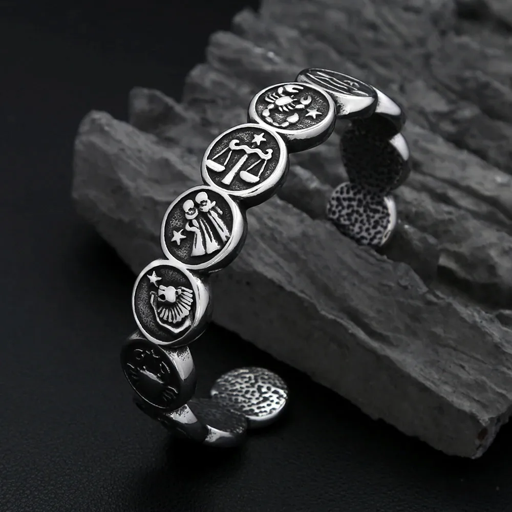 Vintage 12 Constellation Stainless Steel Open Cuff Bracelet  Gothic Zodiac Sign Symbol Bangle Astrology Fashion Jewelry Unisex