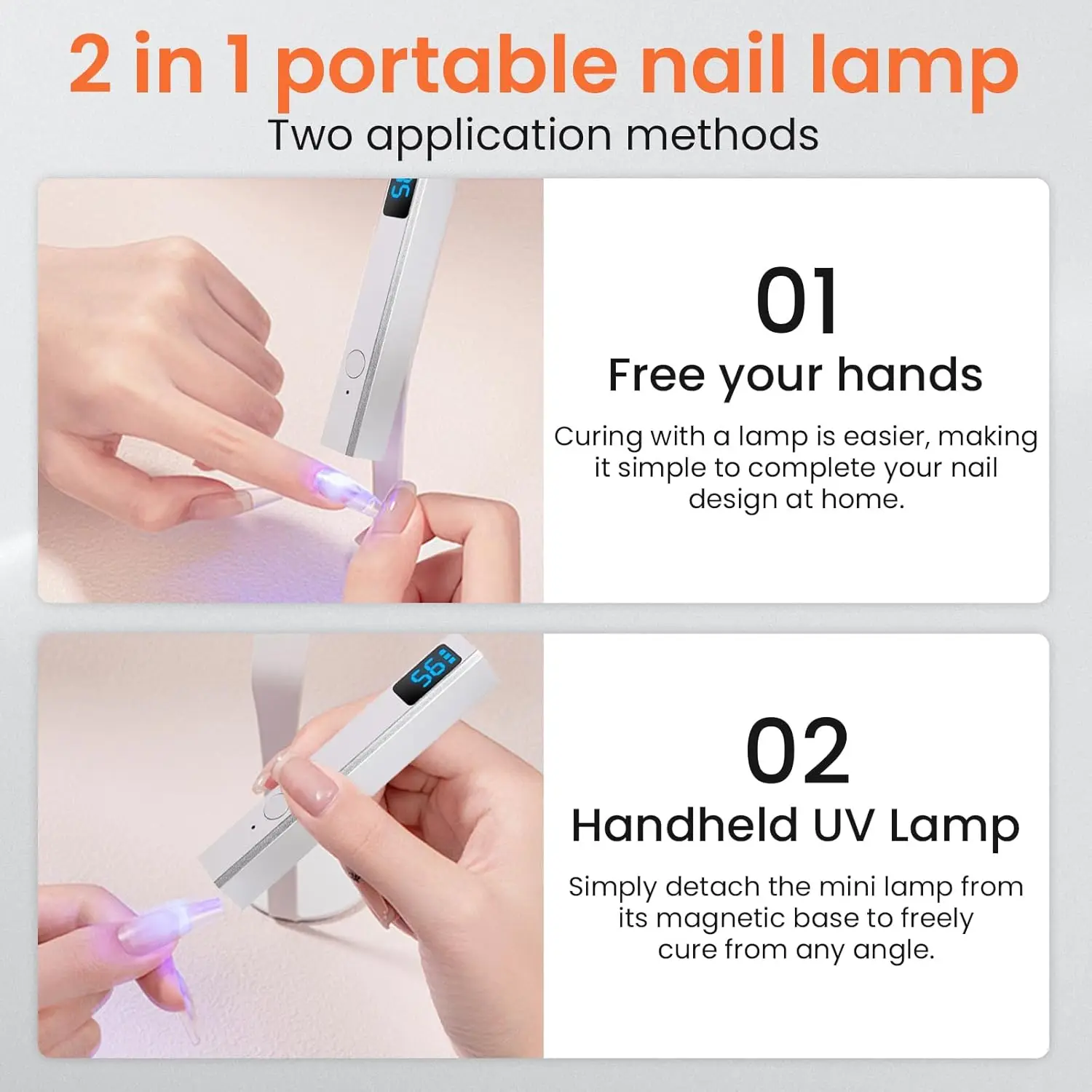 ضوء صغير للأشعة فوق البنفسجية لأظافر الجل مع حامل مغناطيسي، شاشة LCD، مصباح أظافر محمول قابل لإعادة الشحن