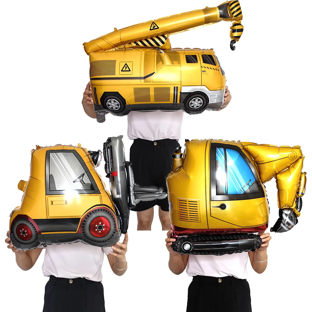 Cartoon Excavator Crane Forklift Cement Truck Kids Boys Construction Engineering Vehicle Themed Birthday Party Balloon Decors