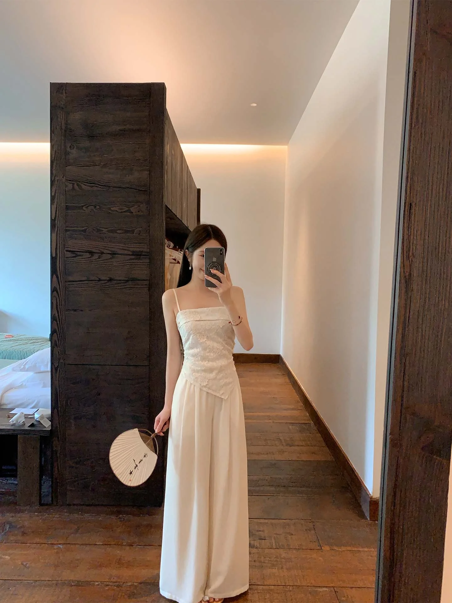 New Chinese Style Lace Trim Belted Straight Leg Crop Top Women's Summer Atmosphere Sensation Camisole by Yiyi Home