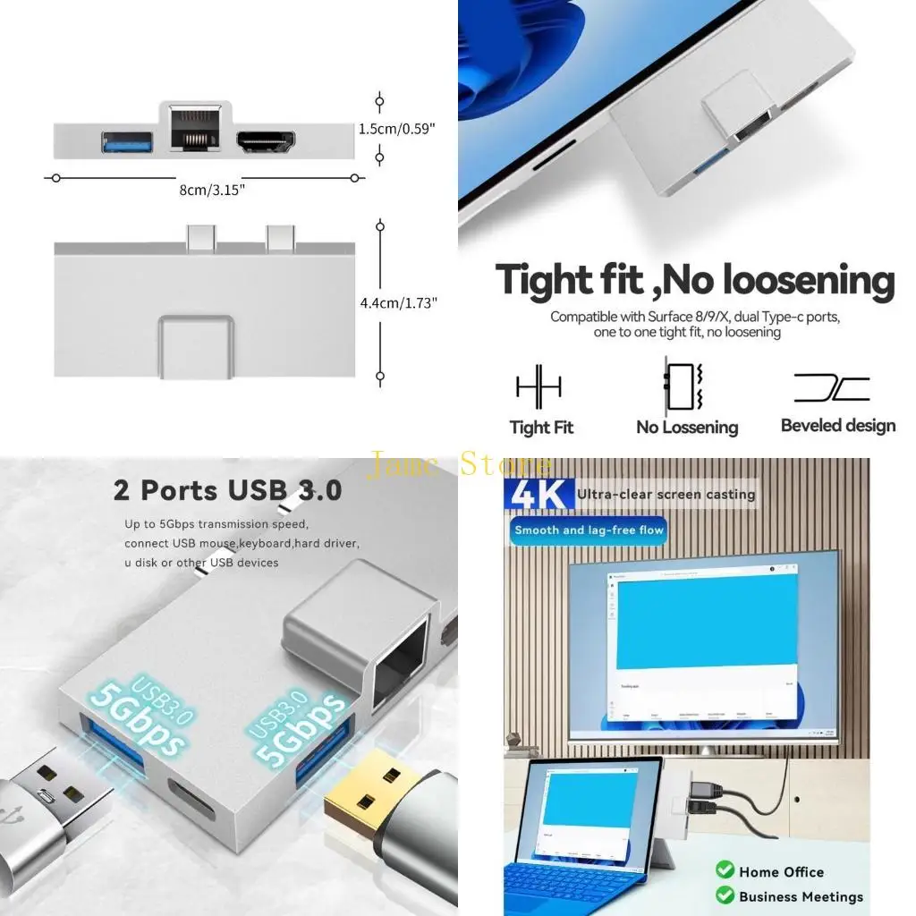 LX0B Surface 8/9/X Hub USB C, 4K TF Card Reader, RJ45 Ethernet, PD Charging