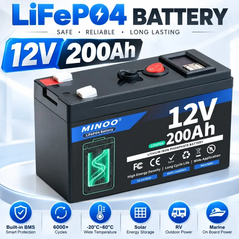 12V 200Ah LiFePO4 Battery Lithium Iron Phosphate Deep Cycle Rechargeable Battery With BMS For Solar RV Marine Energy Storage