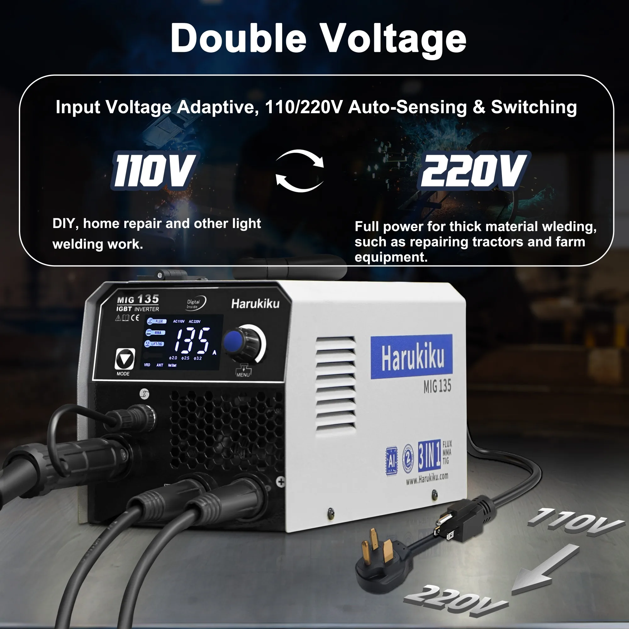 130A Gasless Flux Core Self-Shielded MIG Welder MIG Welder 110/220V Double Voltage 3 in 1  Welding Machine