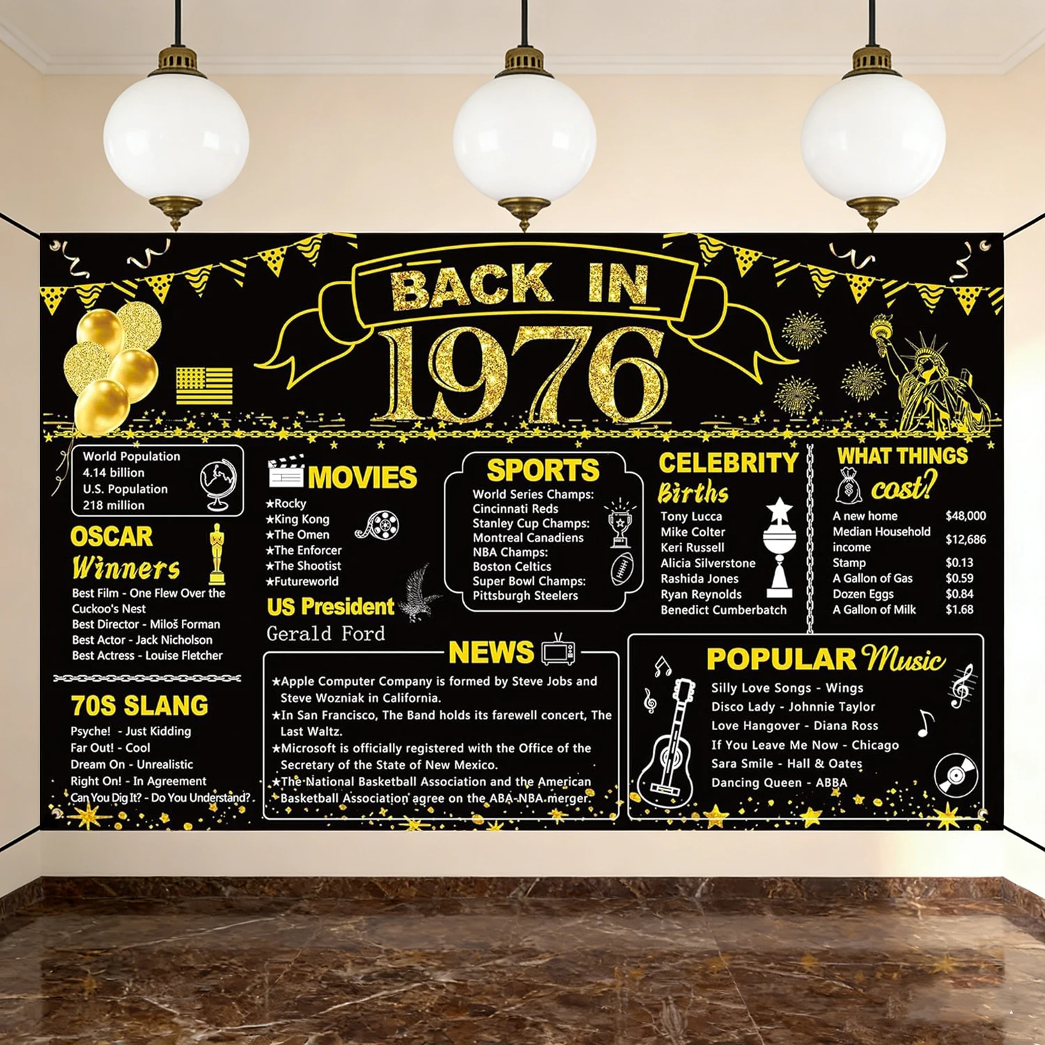 50. Geburtstag Schwarz-Gold Partydekoration, Vintage Banner „Zurück in 1976/1956/1966/1986“, Fotohintergrund