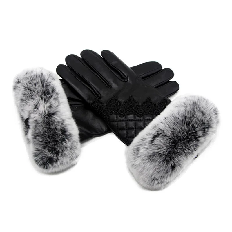 Sheepskin Rabbit Fur Gloves for Women In Winter Sheepskin Fur Integrated Double Warmth Touchscreen Split Finger Gloves