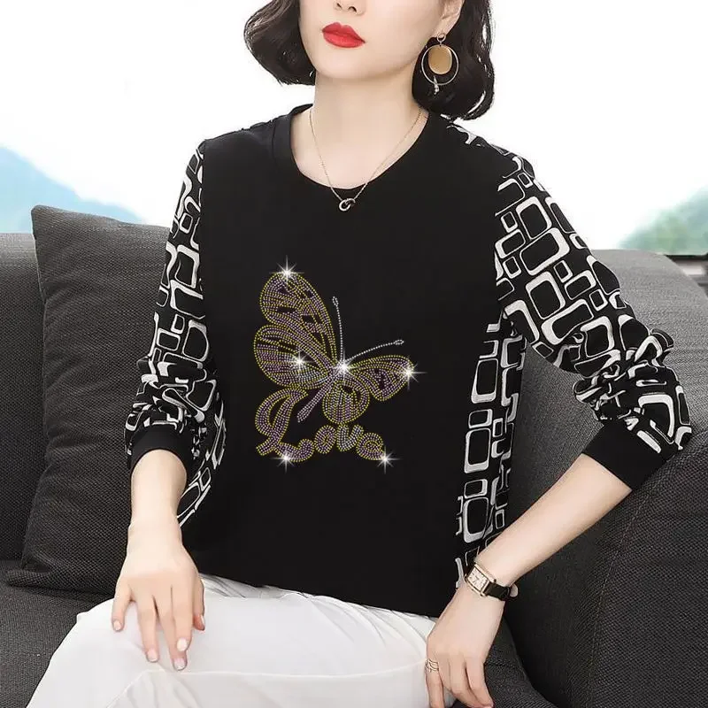 

Женская одежда, повседневные пуловеры с геометрическим принтом, весенняя стильная футболка с длинными рукавами и круглым вырезом, шикарная футболка с бриллиантами JJ121