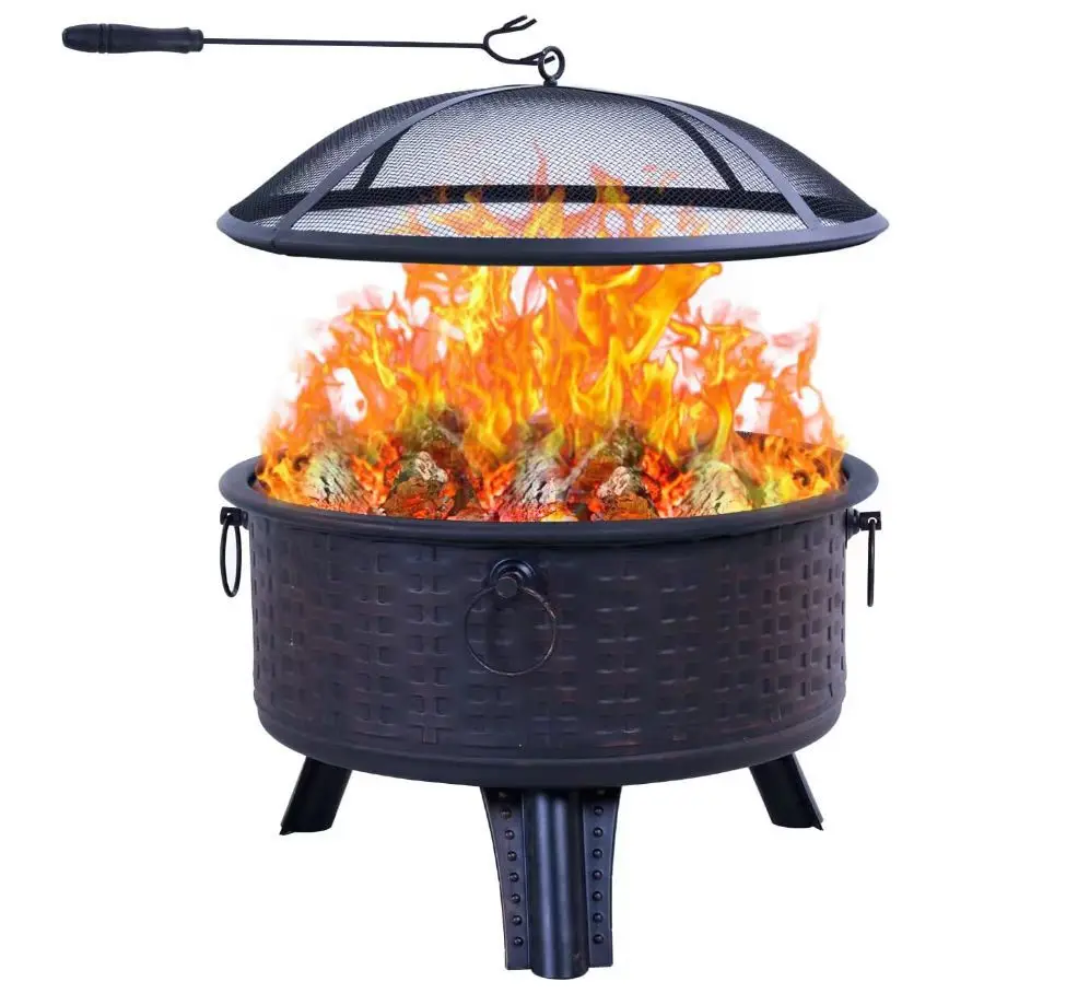 Multifunctional BBQ Grill Round Braided Rattan Wrought Iron Grill Paint Retro Heating Grill