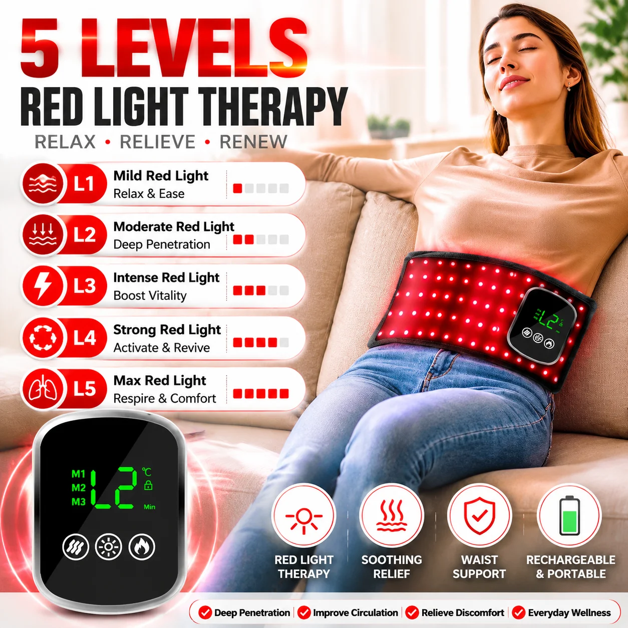 Infrared LED Health-Care Waist Belt – Timed Heat Therapy & Red Light Massage Belt for Lower Back and Waist Support