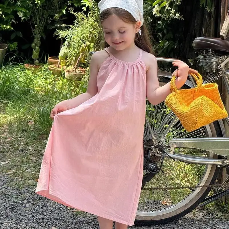 Girls Solid Color Backless Beach Vacation Dress with Camisole Summer Korean Style Baby Girl Sleeveless Pink Dress