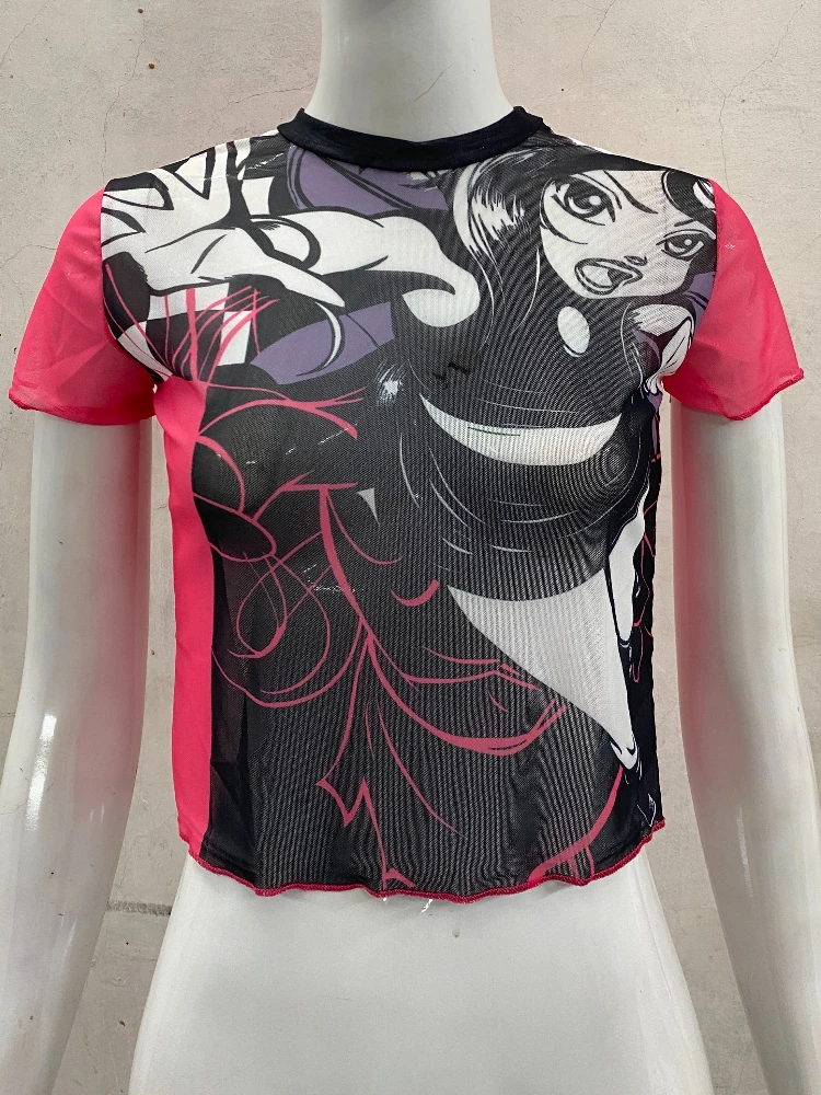 

2025 Summer New Color Contrasting Printed Manga Y2K Top Gothic Style Sweet Cool Personalized Spicy Girl Punk Ins