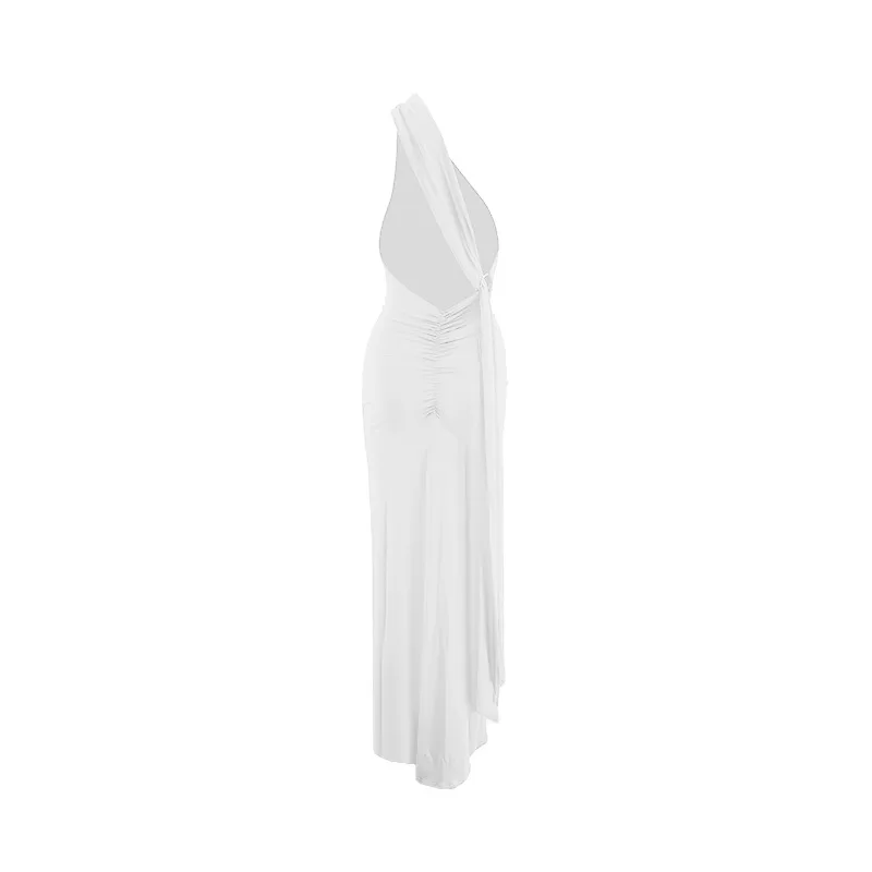 Women's One-Shoulder Sleeveless Maxi Dress Adjustable Scarf Loop Ruched Backless Bodycon Festival Party Outfit Elegant Long Gown