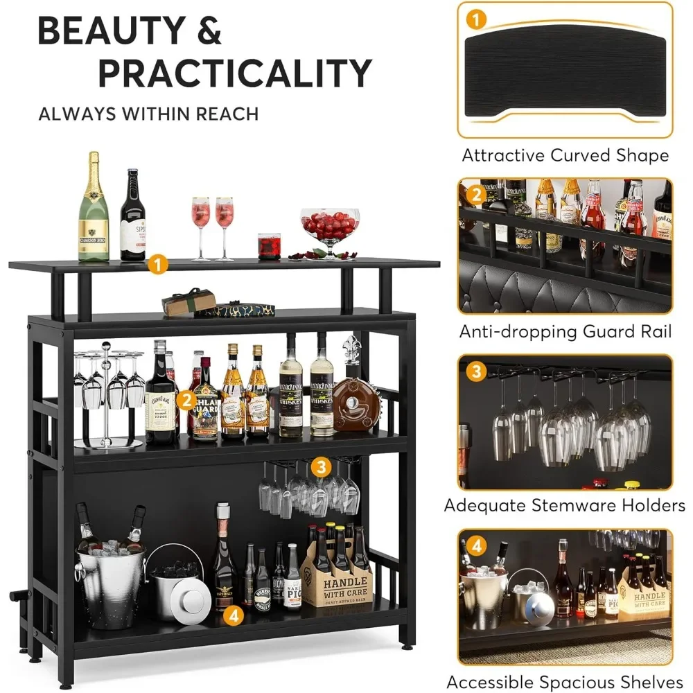 Bar table, black entertainment bar cushion, with storage space and metal front footrest, suitable for home, balcony, bar table