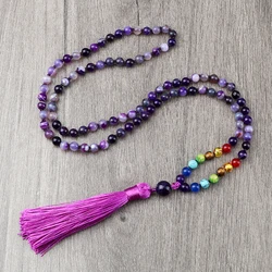108 Mala Beads Fashion Purple Necklaces Reiki 7 Chakra Natural Stone Knotted Lucky Tassel Yoga Necklace Bohemian Prayer Jewelry