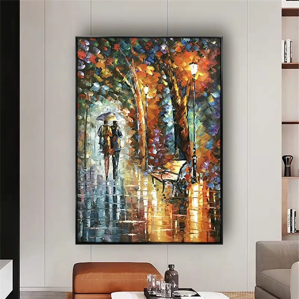 Abstract Painting Lover Walking In Street Canvas oil Paintings on The Wall Autumn Landscape Wall Pictures for Living Room decor